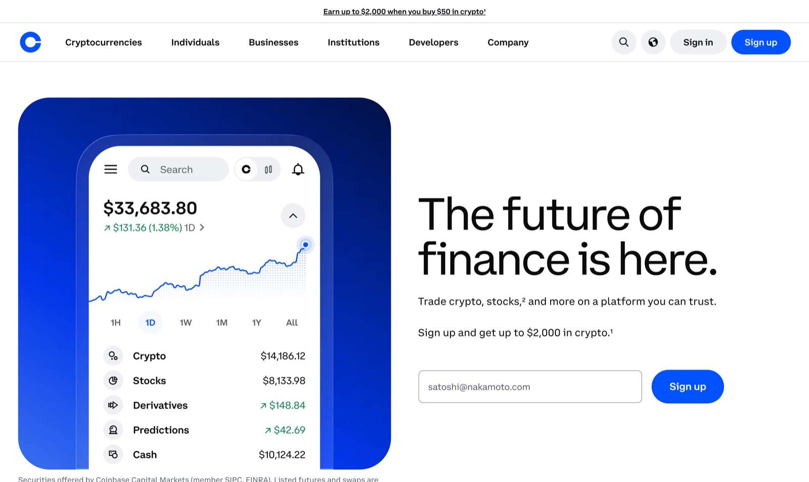 Coinbase homepage line reading "trusted by institutions and government."
