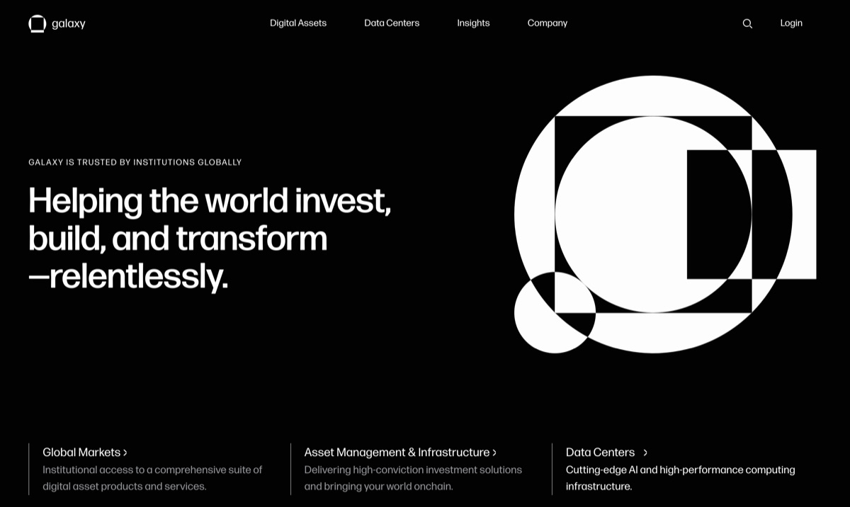 Galaxy Digital's dark, restrained institutional homepage.