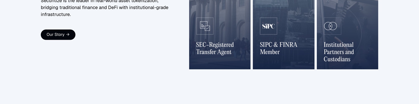 Securitize trust badges: SEC-Registered Transfer Agent, SIPC and FINRA Member, Institutional Partners and Custodians.