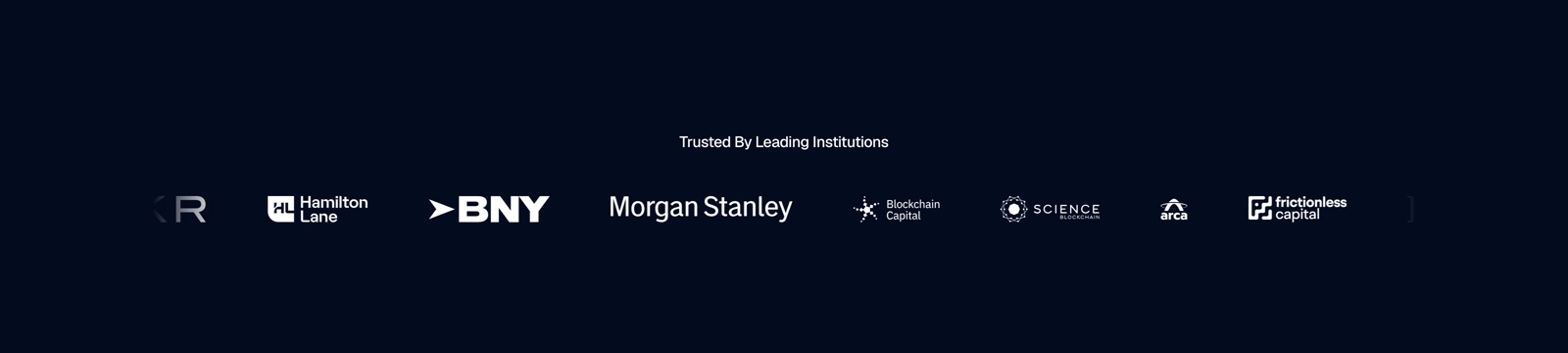 Securitize homepage "Trusted By Leading Institutions" logo wall featuring KKR, Hamilton Lane, BNY, and Morgan Stanley.